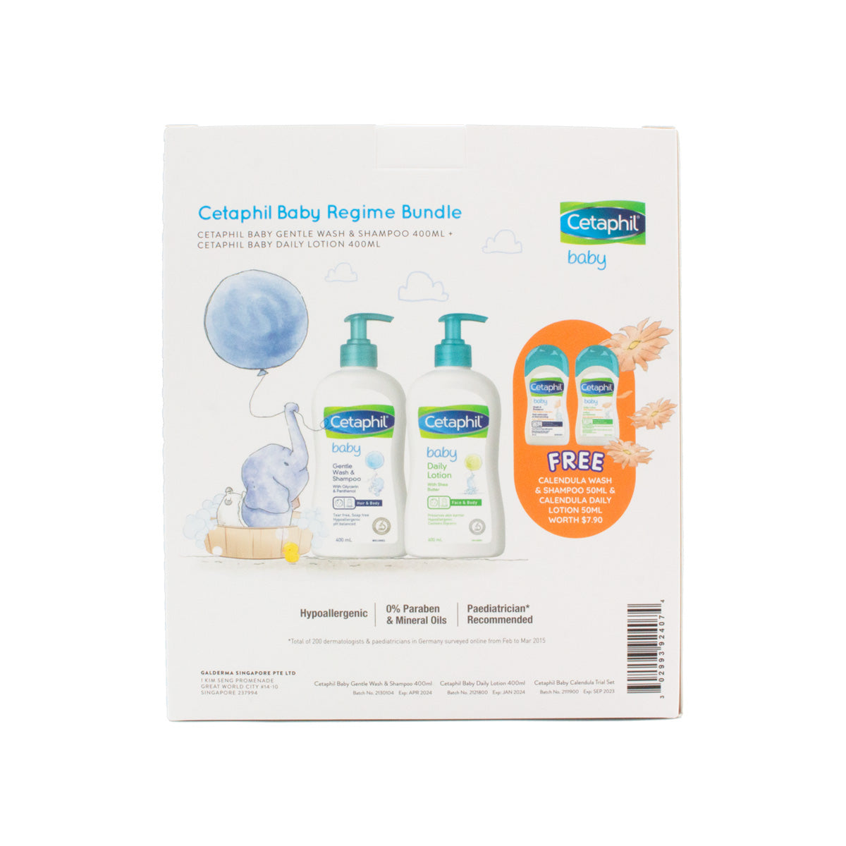 Cetaphil Baby Wash & Shampoo 400ml + Daily Lotion 400ml (Free Calendula Skincare Trial Set)