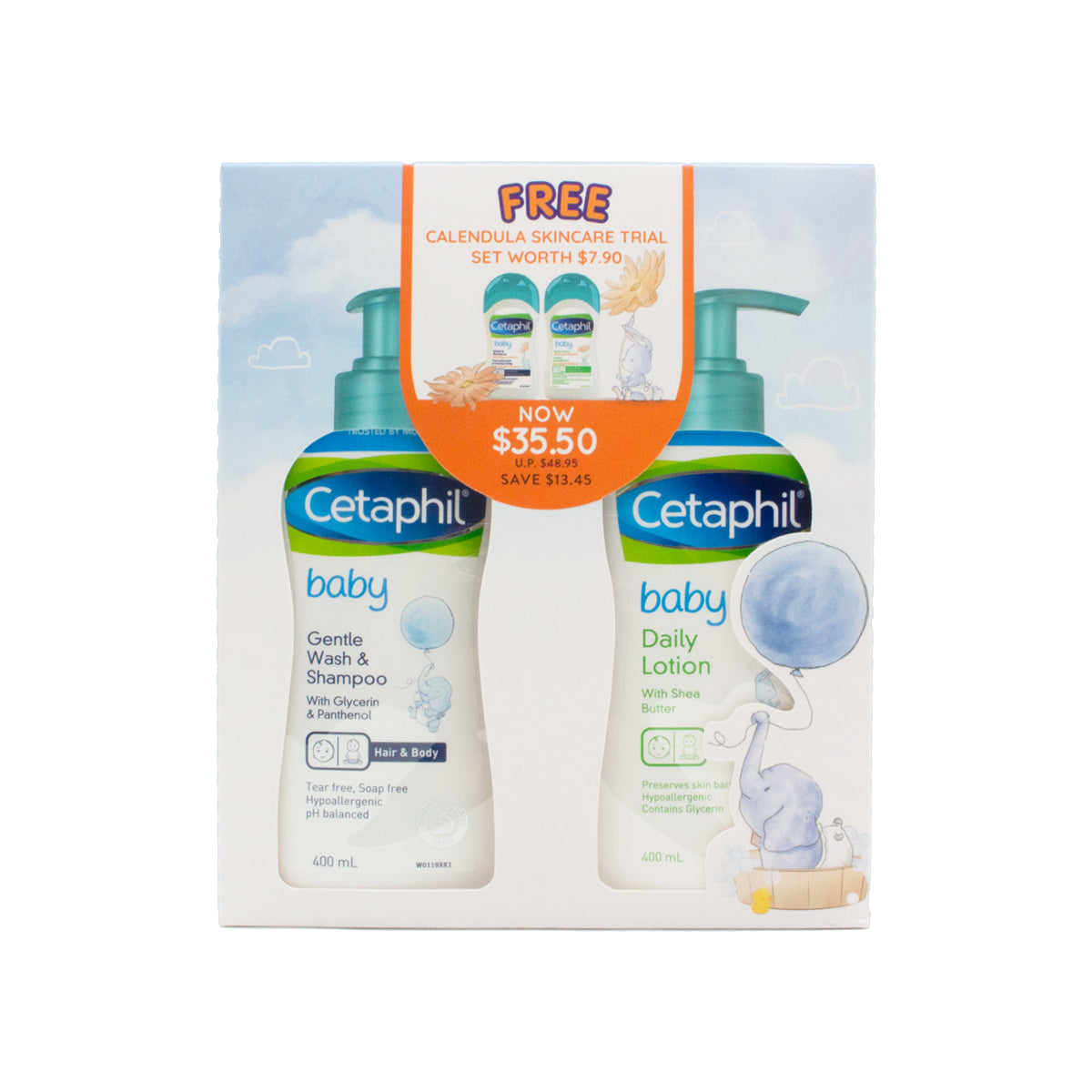 Cetaphil Baby Wash & Shampoo 400ml + Daily Lotion 400ml (Free Calendula Skincare Trial Set)