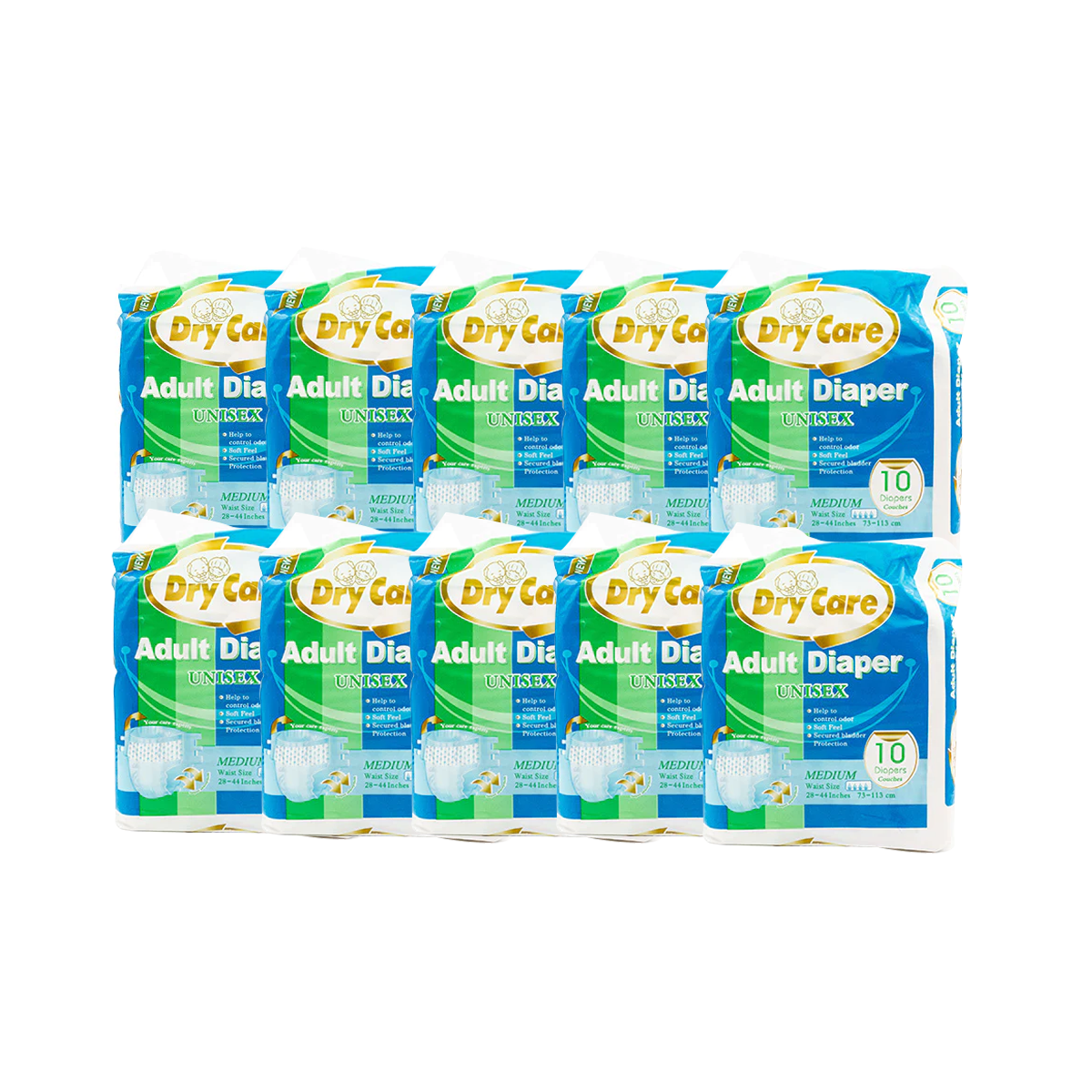 Dry Care Adult Diaper Unisex Size M (Waist Size 28-44 inch, 73-113cm) (10 Pieces/bag)