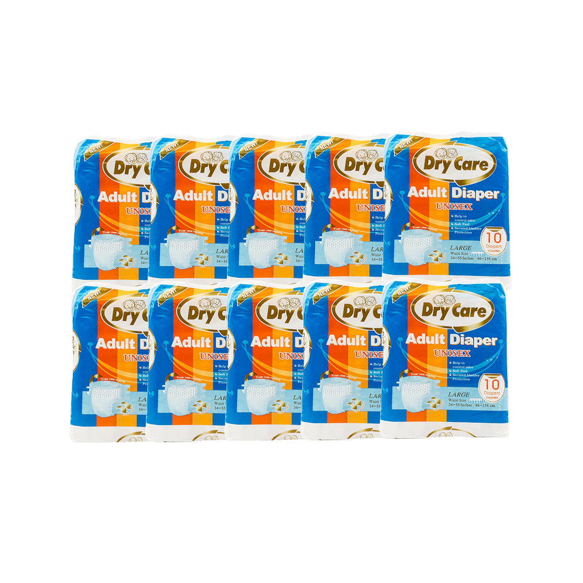 Dry Care Adult Diaper Unisex Size L (Waist Size 34-55 inch, 86-139cm) (10 Pieces/bag)