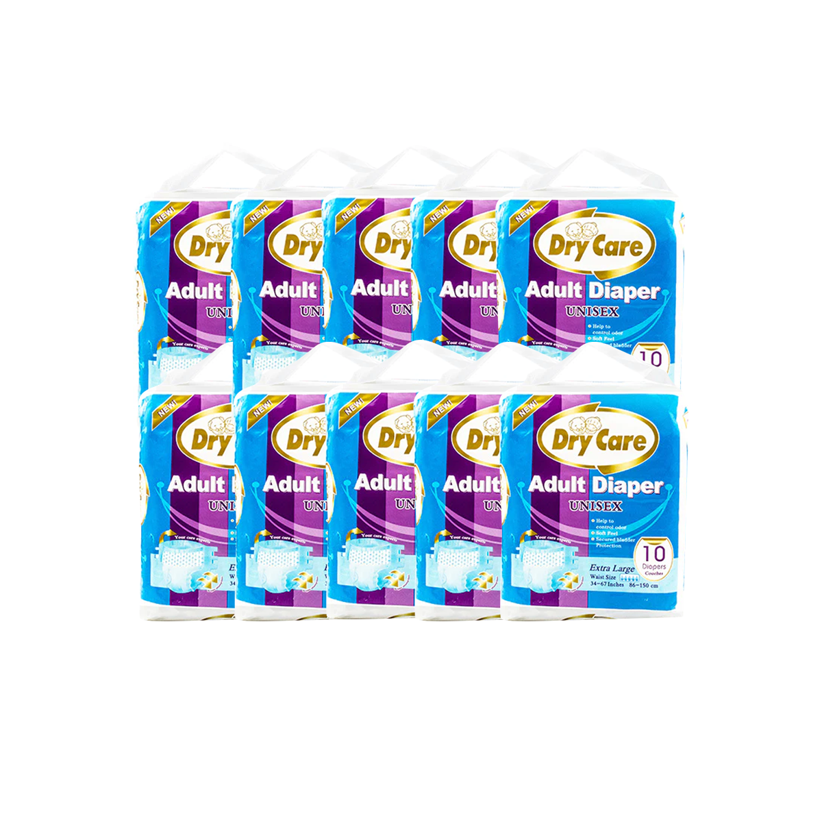 Dry Care Adult Diaper Unisex Size XL (Waist Size 34-67 inch, 86-150cm) (10 Pieces/bag)