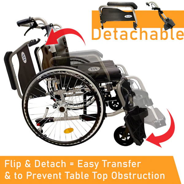 Heavy Duty Wheelchair Armrest Lift Up & Footrest Detachable Self-Push with Anti Tipper