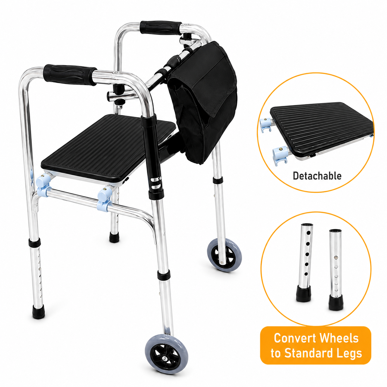 Elderly Walking Frame with changeable 2 wheels, bag and seat board