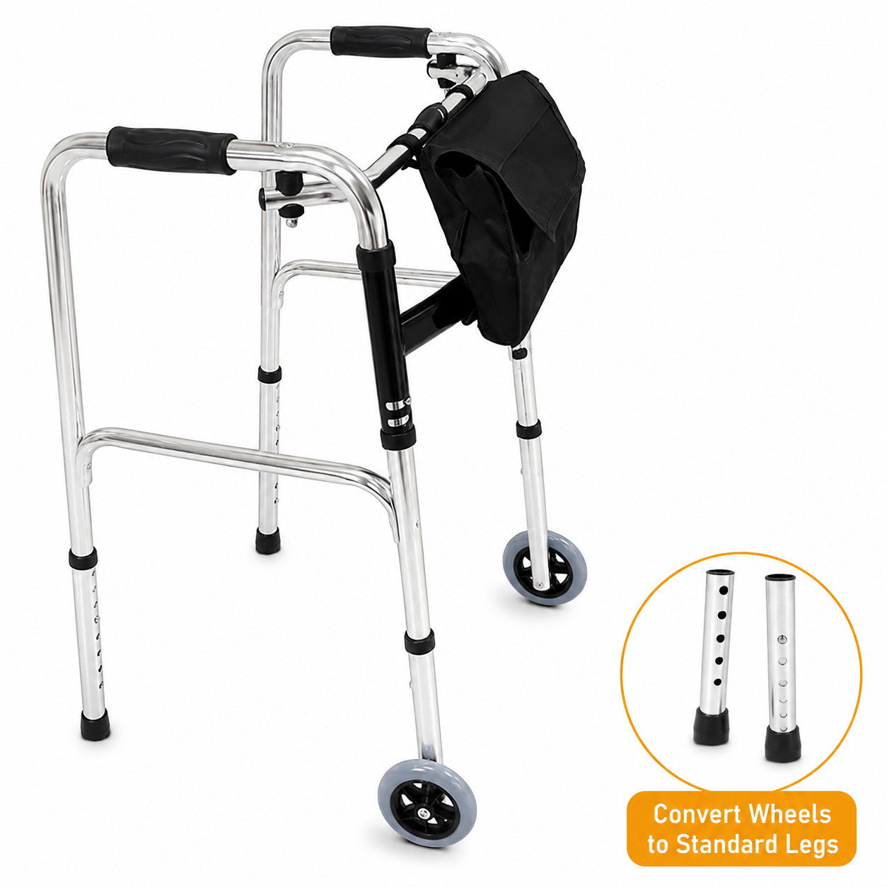 Elderly Walking Frame with changeable 2 wheels and bag